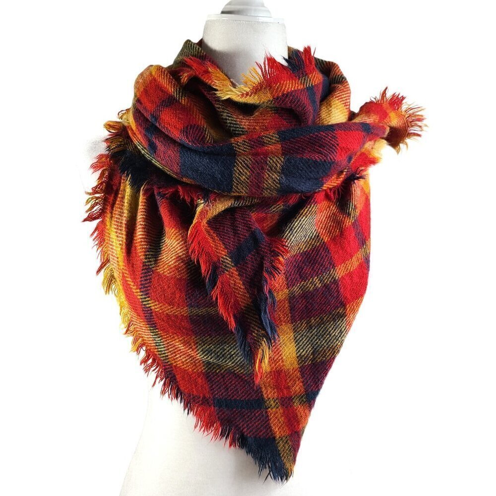 Women's Burnt Orange Red Navy Fringe Plaid Large Triangle Scarf Wrap